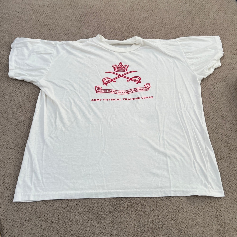 Vintage 1980s British Army Physical Training Corps T-Shirt White Red Graphic XL
